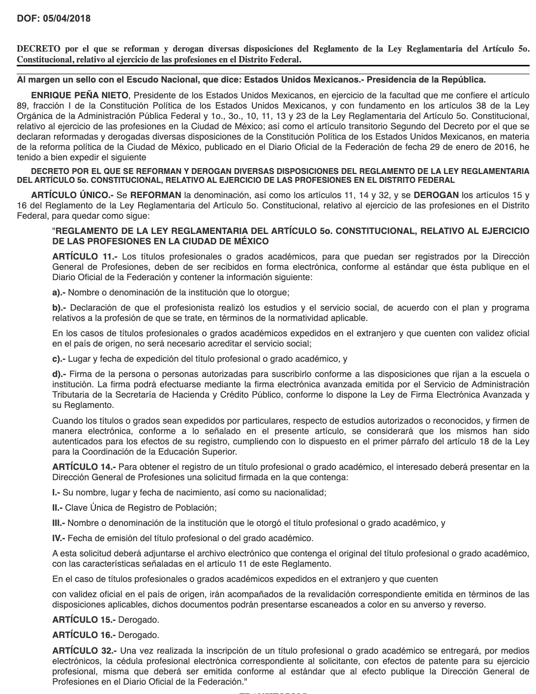 Portada del decreto del 5 de abril de 2018 en el Diario Oficial de la Federación que establece la obligatoriedad del título electrónico para todas las IES del Sistema Educativo Nacional